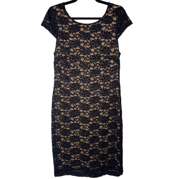 Connected Apparel 10 Black Illusion Lace Nude Cowl Back Sheath Cocktail Dress - Picture 1 of 11